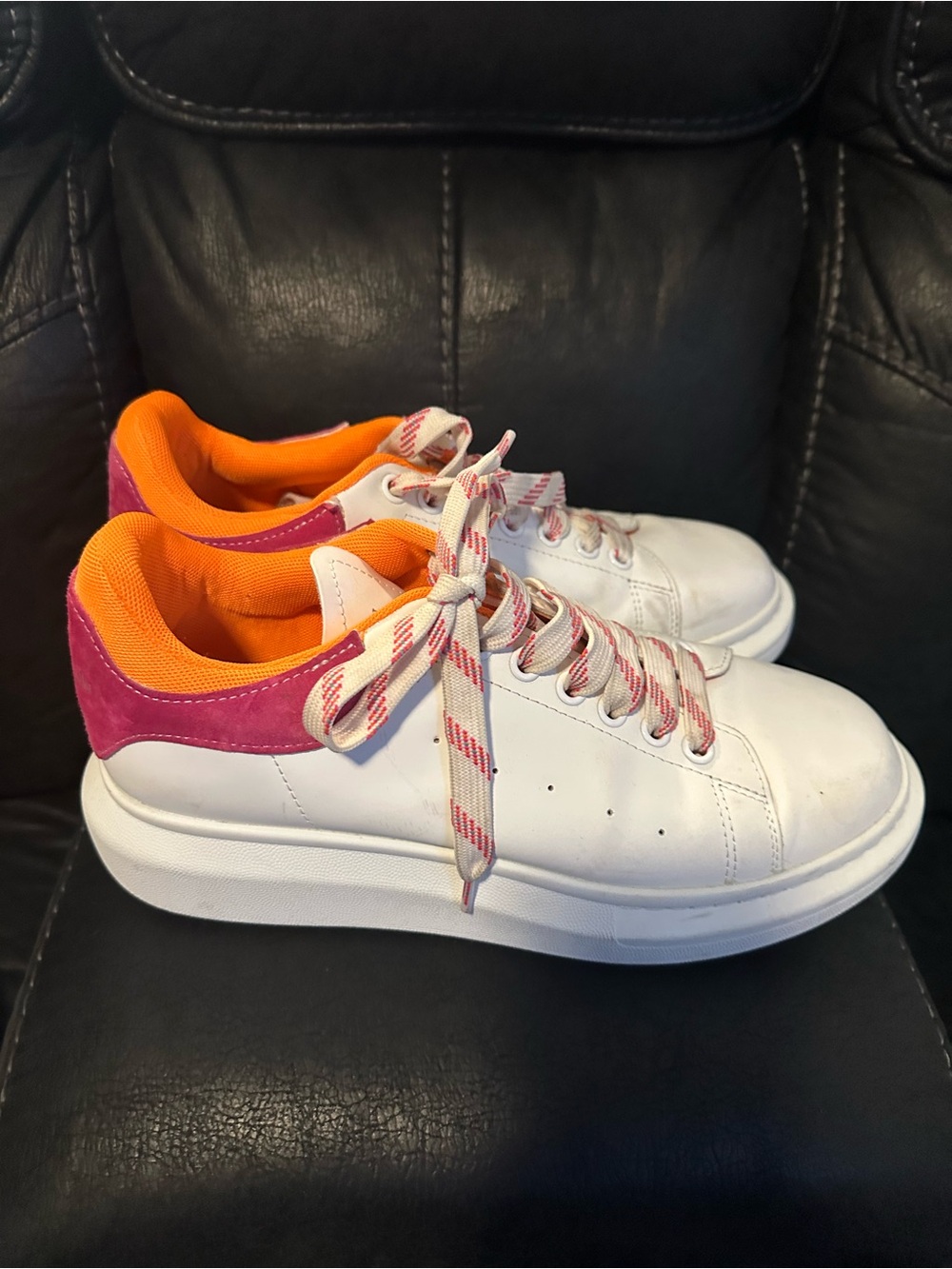 Alexander McQueen White Sneakers with Pink Heel and Orange Lining